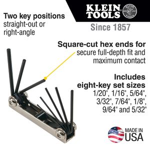 Klein Tools 70581 8-Pieces 8-Key Inch Folding Hex Key Set 1/20 - 5/32-Inch