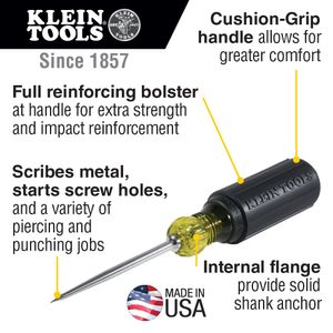 Klein Tools 650 Chrome Plated Tempered Steel Shank Hard Point Scratch Awl 3-1/2-Inch Shank x 7-7/8-Inch